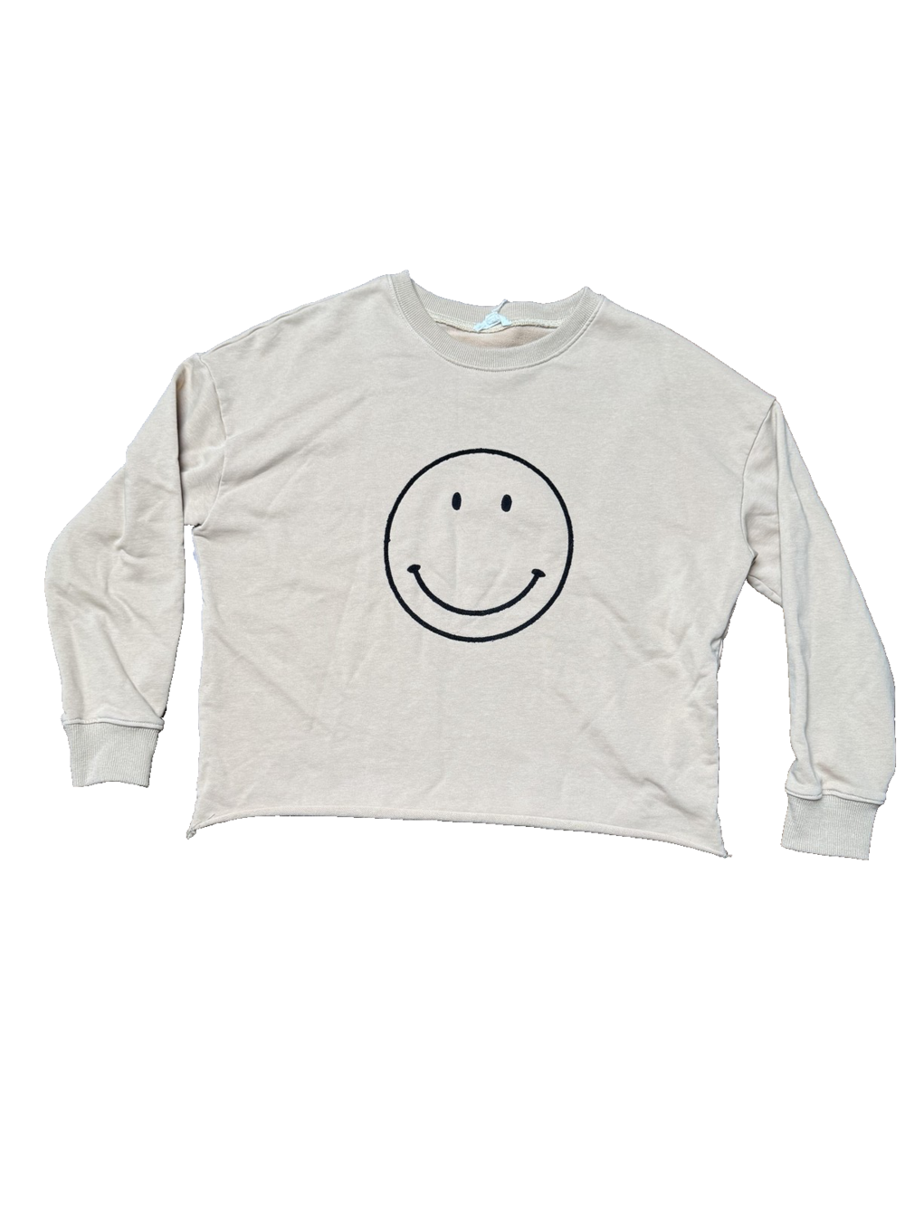 Newbury Kustom Sweatshirt Womens Small Beige Smiley Face Crewneck Cropped Boxy